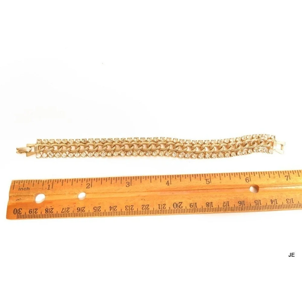 Triple‎ Row Vintage Clear Rhinestone Gold Plated Chain Link Center Bracelet*A717